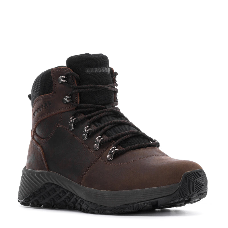 Men's dark brown lace-up boots with black padded tongue and ankle collar, rugged sole