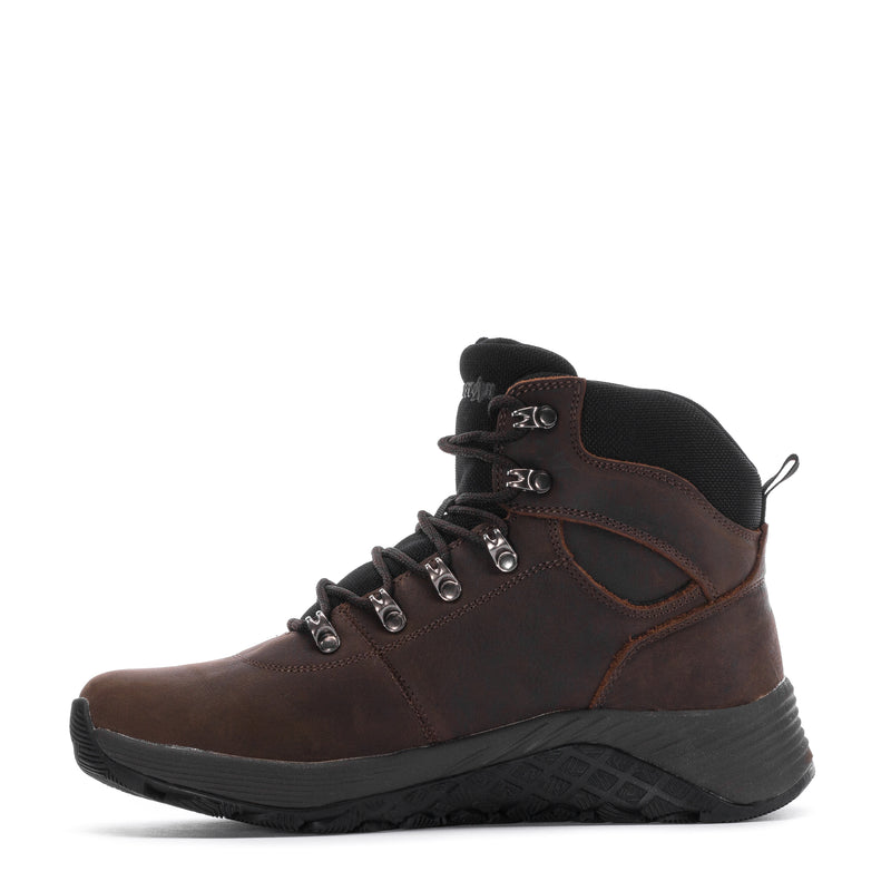 Men's dark brown lace-up hiking boot with black collar detail and textured outsole