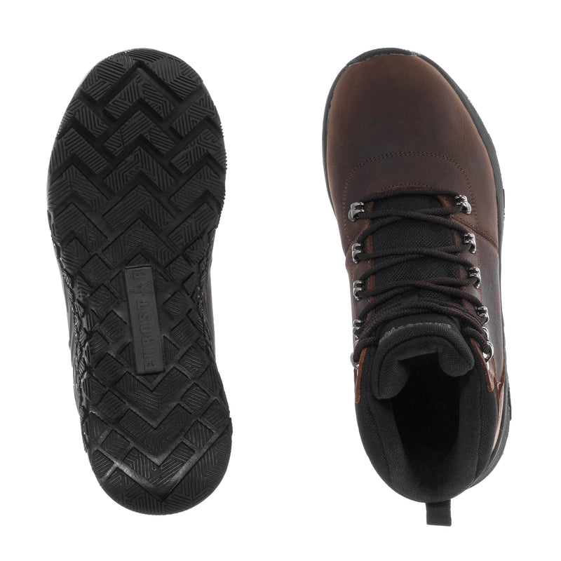 Men's boots outsole tread and inside view with dark lining and black laces