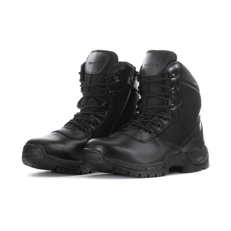 Pair of men's black 6-inch tactical boots, side view with lace-up and rugged outsole