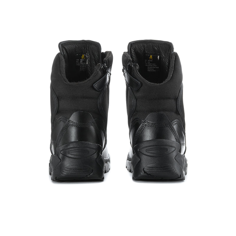 Men's black 6-inch tactical boots heel view with pull tab and cushioned back