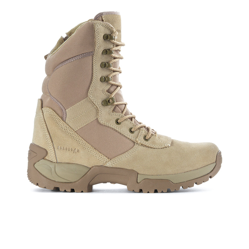 Men's taupe 8-inch lace-up tactical boots, padded collar, rugged rubber outsole