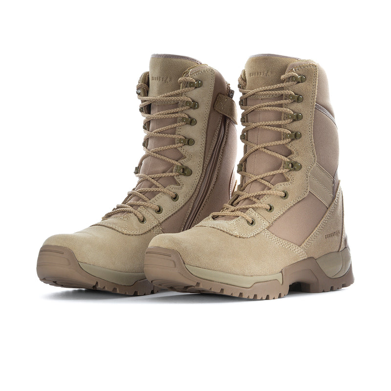 Men's taupe 8-inch lace-up tactical boots, padded tongue, thick tread sole