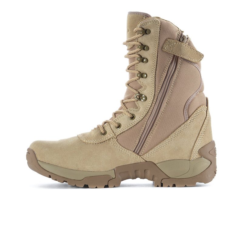 Men's taupe 8-inch lace-up boots with side zipper panel and rugged sole