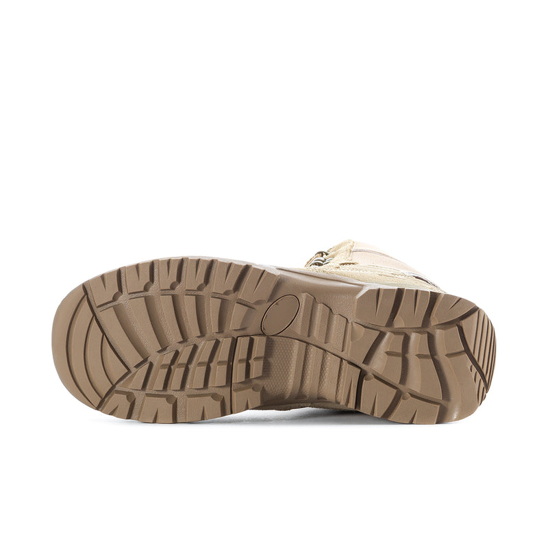 Men's taupe boot outsole with deep tread and traction pattern
