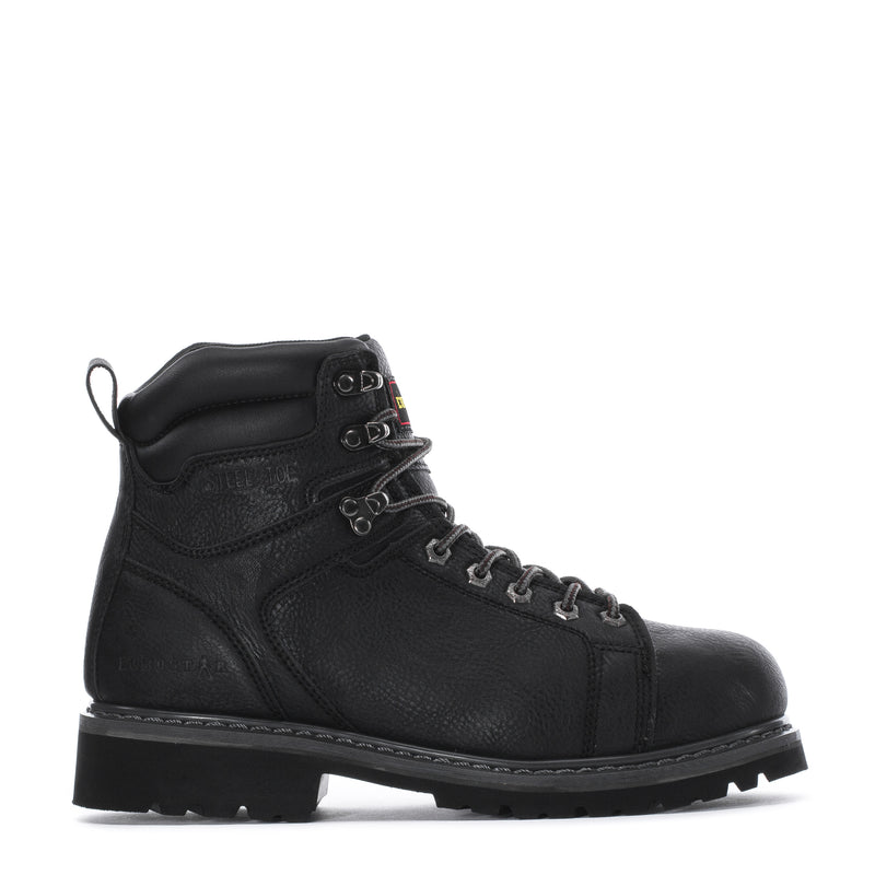 Black leather lace-up work boot with ankle straps and metal eyelets