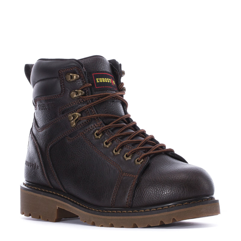 Dark brown leather lace-up boot with Eurostar patch and stacked lace hardware