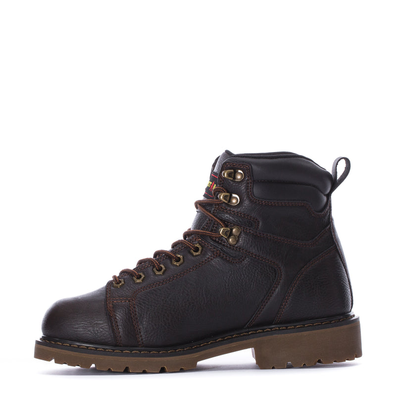 Dark brown leather lace-up ankle boot with side seam paneling and padded collar