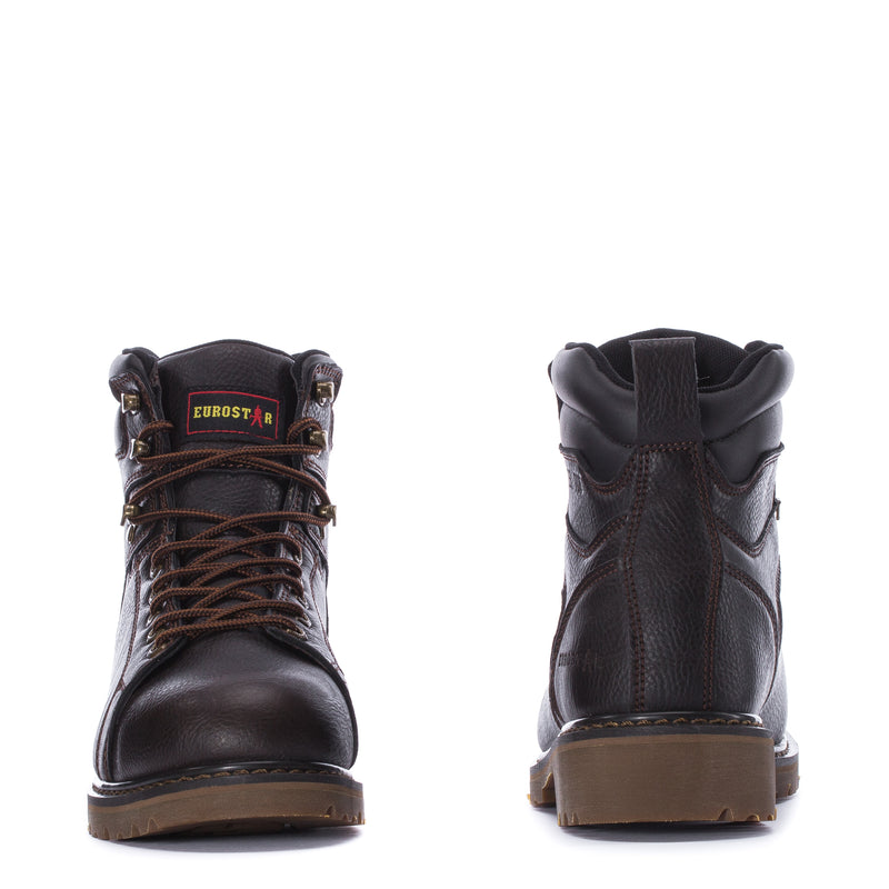 Dark brown leather lace-up work boot shown front and heel views