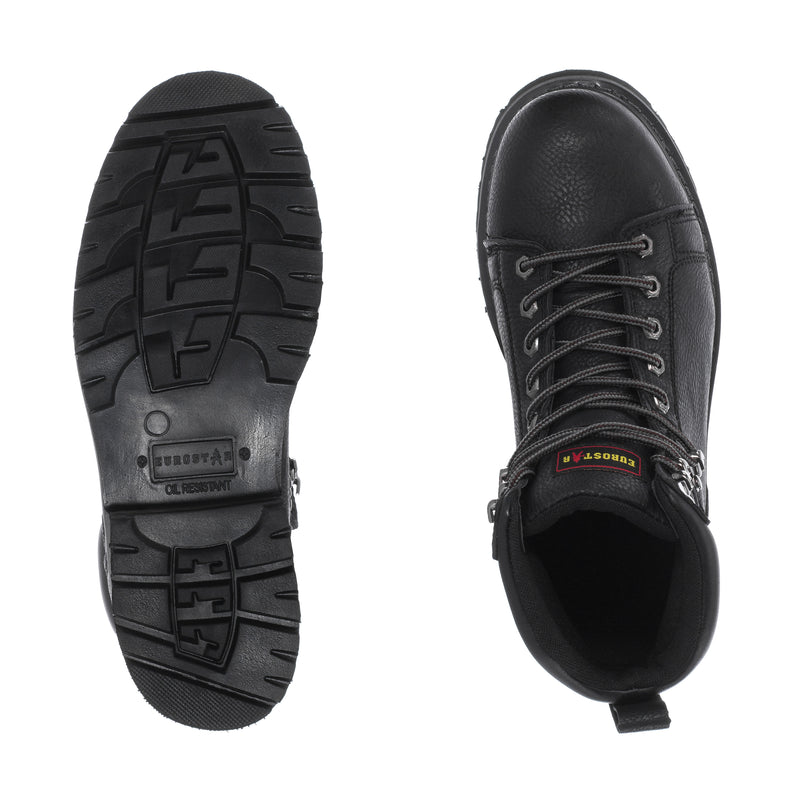 Black work boot outsole and top view, textured tread and lace-up opening