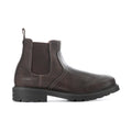 Men's dark brown leather chelsea boot with elastic side panels and pull tab, rugged sole