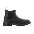 Men's black Chelsea boots with elastic side panels and rugged tread sole