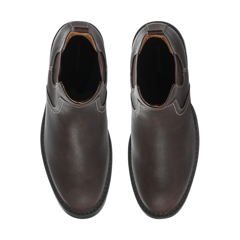 Men's dark brown chelsea boots with elastic goring and dark interior lining, rounded toe