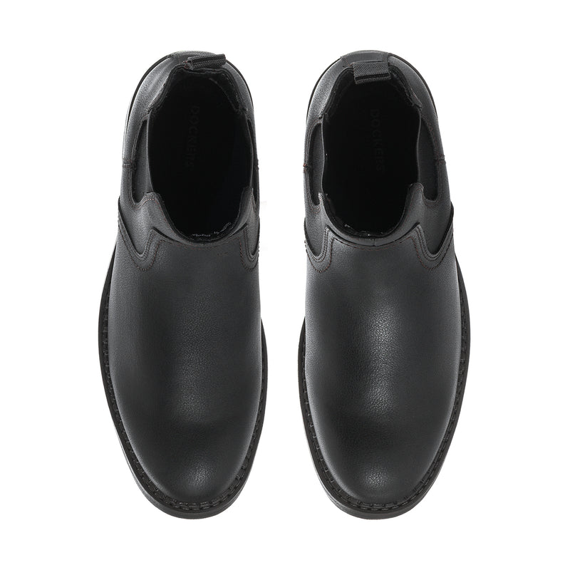 Men's black Chelsea boots front view with round toe and elastic side openings