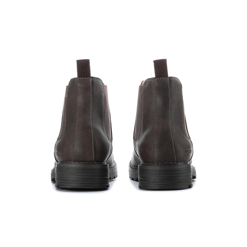 Men's dark brown chelsea boots showing heel and elastic back panels with cushioned sole