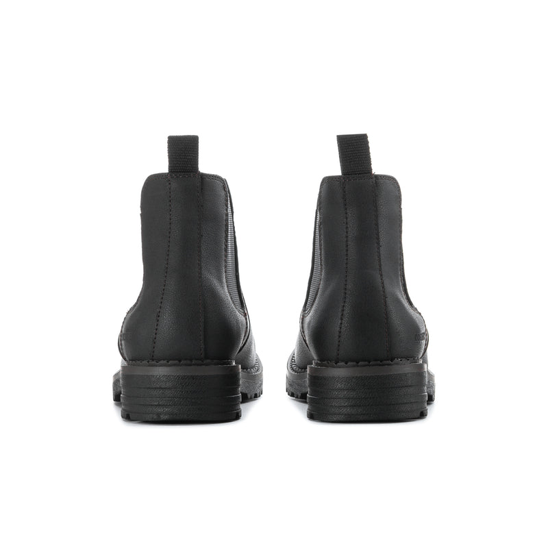 Men's black Chelsea boots back view with stacked heel and pull tab