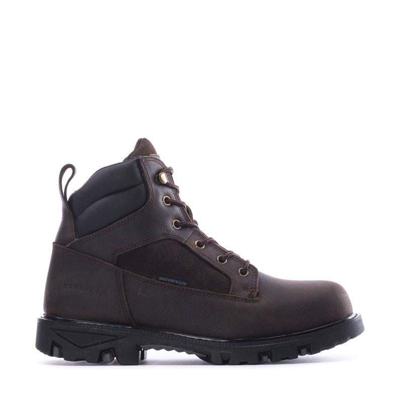Men's brown work boots with lace-up shaft and rugged tread sole