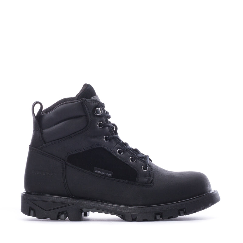 Men's steel toe waterproof work boot, black lace-up with side pull loop