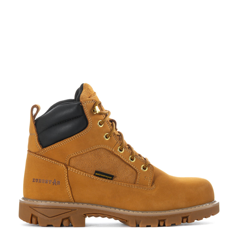 Men's wheat steel-toe waterproof boots, lace-up with black collar, side view