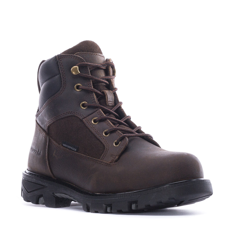 Men's dark brown lace-up waterproof work boots with padded collar and lug sole