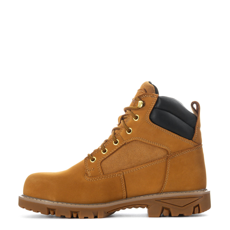 Men's wheat steel-toe waterproof boots with black collar, front side profile