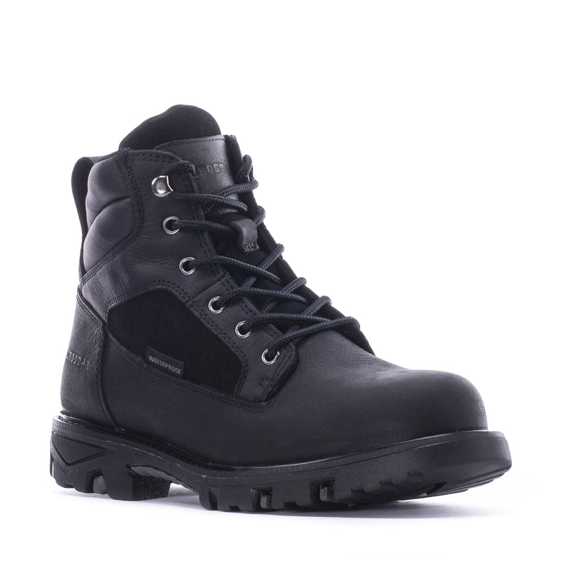 Men's steel toe waterproof work boot, black lace-up with padded collar