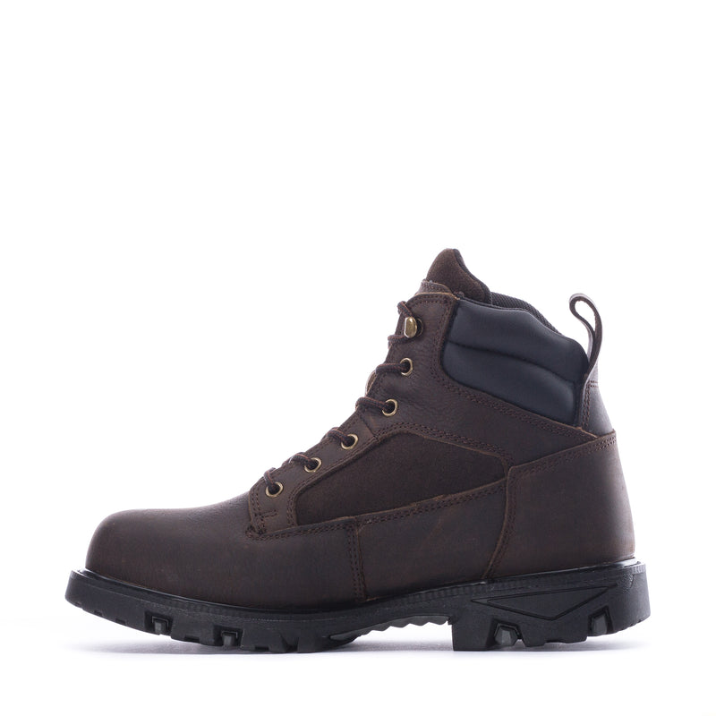 Men's dark brown lace-up work boots with side pull tab and thick lug outsole