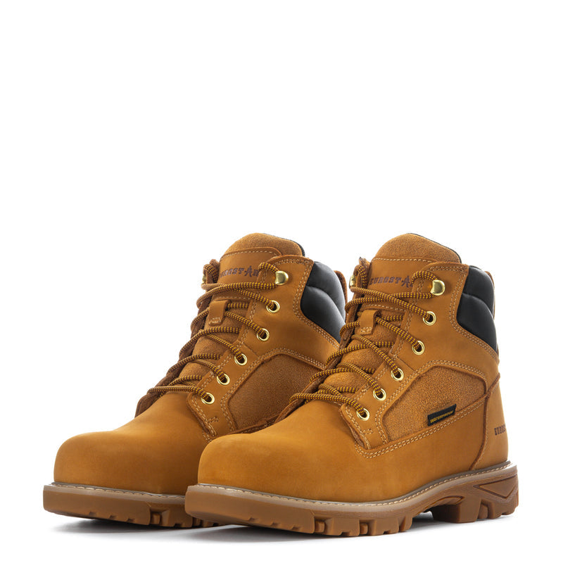 Men's wheat steel-toe waterproof boots, lace-up pair with black padded panels
