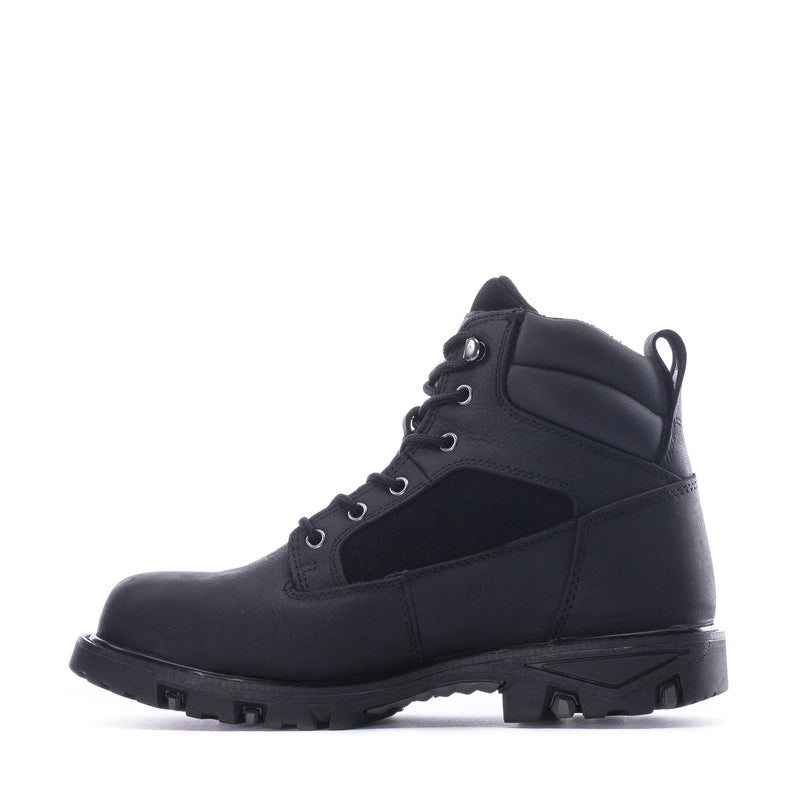 Men's steel toe waterproof work boot, black lace-up, rugged tread sole