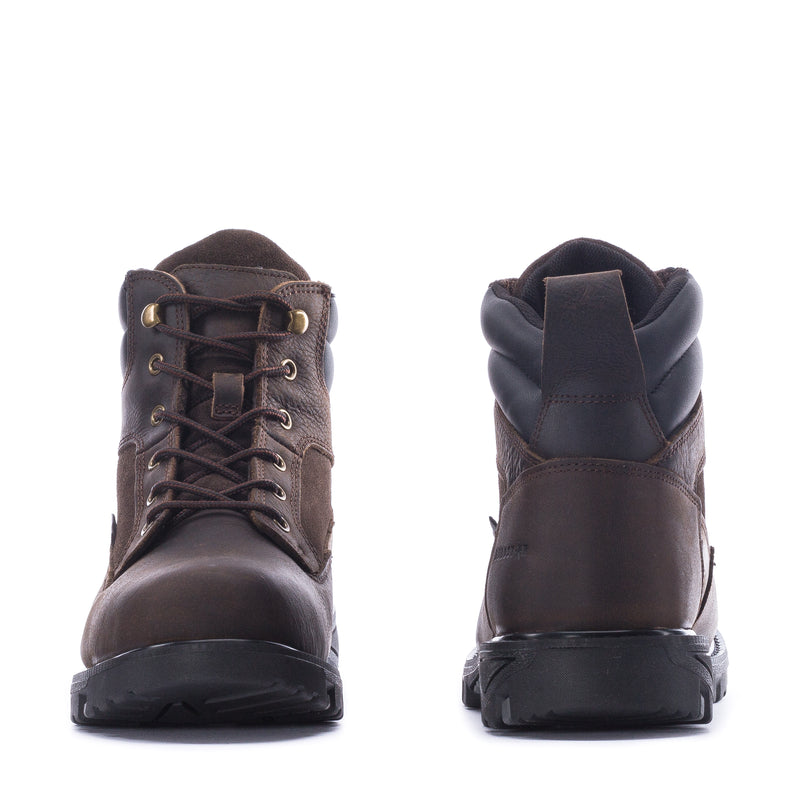 Men's dark brown lace-up work boots, front and back views with padded heel