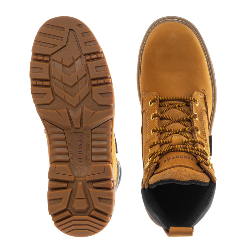 Men's wheat steel-toe waterproof boots, tread outsole and lace-up top view