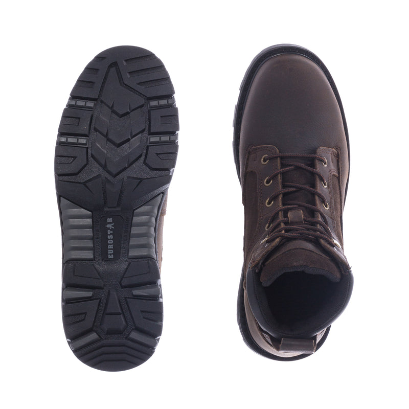 Men's brown work boot outsole and top view of lace-up upper with lining