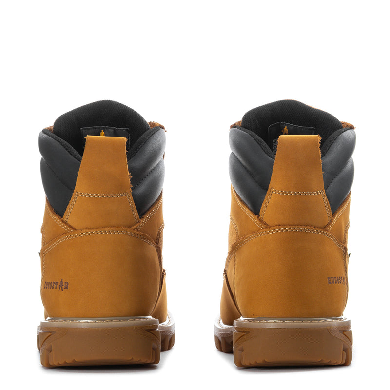 Men's wheat steel-toe waterproof boots with black padded collar, back view
