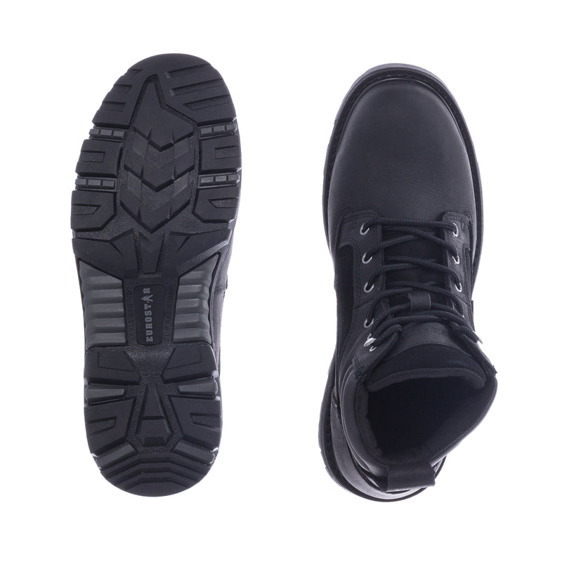 Men's steel toe waterproof work boots, black treaded outsole and lace-up upper