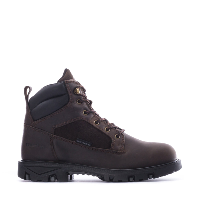 Men's brown lace-up work boot with padded collar and black lug outsole