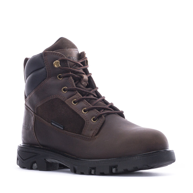 Men's brown lace-up work boot with side panels, padded ankle collar, lug sole