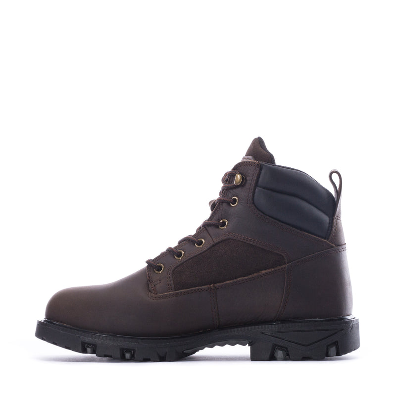 Men's brown lace-up work boot side view with pull tab and rugged tread outsole