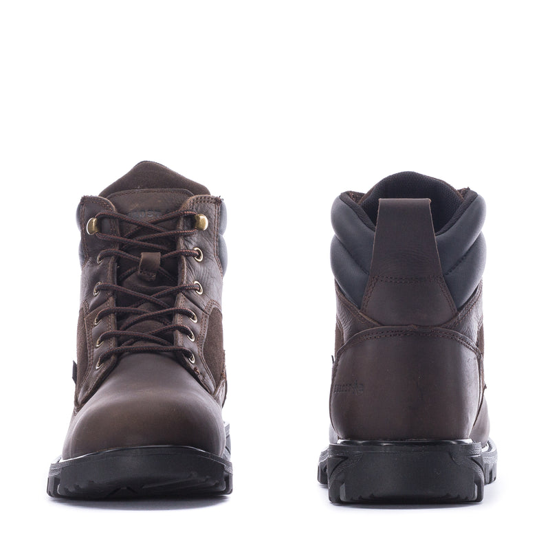 Men's brown lace-up work boot: front and back view, padded ankle and lug sole