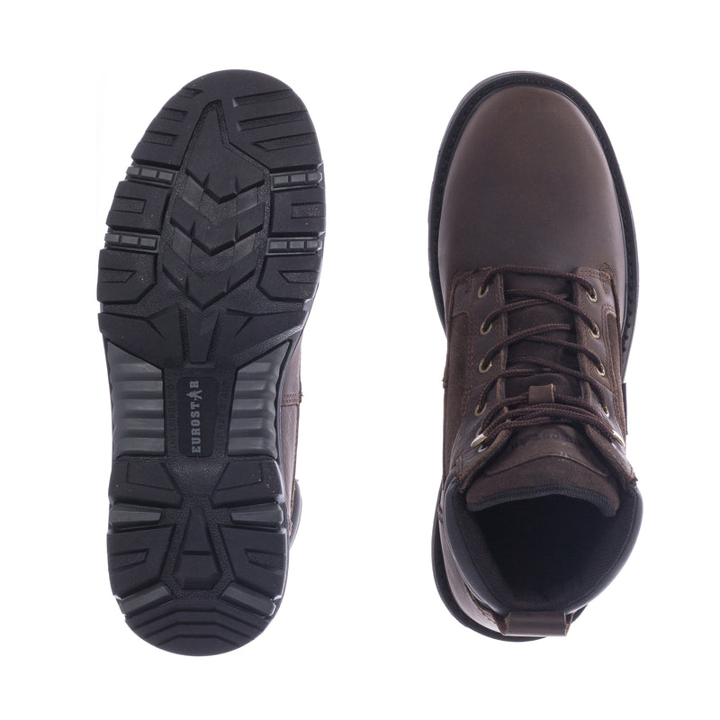 Men's brown lace-up work boot outsole tread and interior view of toe