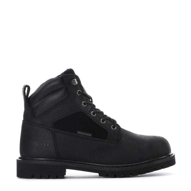 Men's black lace-up work boot with padded collar and rugged tread sole