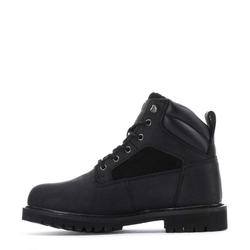 Men's black lace-up work boot, front three-quarter view, durable rubber tread outsole
