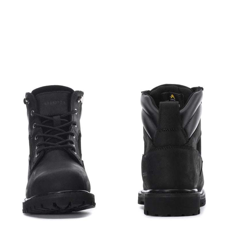 Men's black work boot, front and back views, lace-up closure and ankle pull tab
