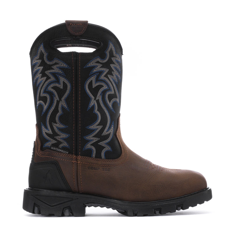 Men's brown work boot with blue patterned shaft and black tread sole