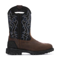 Men's brown work boot with blue patterned shaft and black tread sole