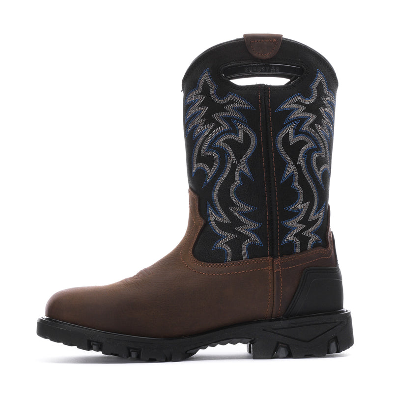 Men's brown pull-on work boot with blue patterned shaft and black lug sole