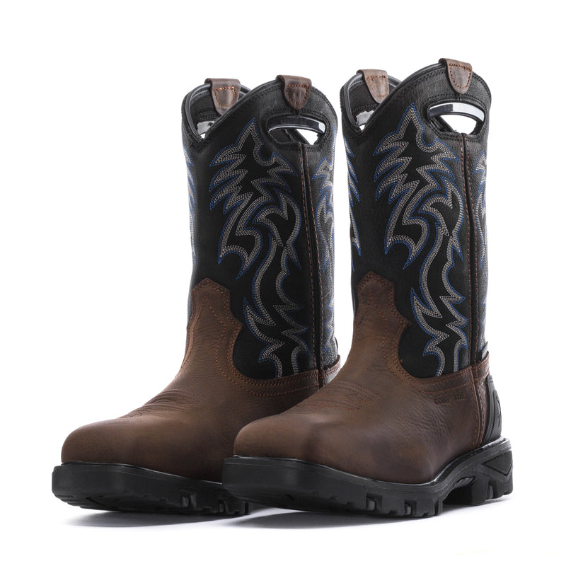 Pair of men's brown work boots with blue patterned shafts and black soles