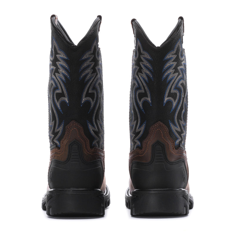 Back view of men's work boots: black heel, blue patterned shaft, brown uppers
