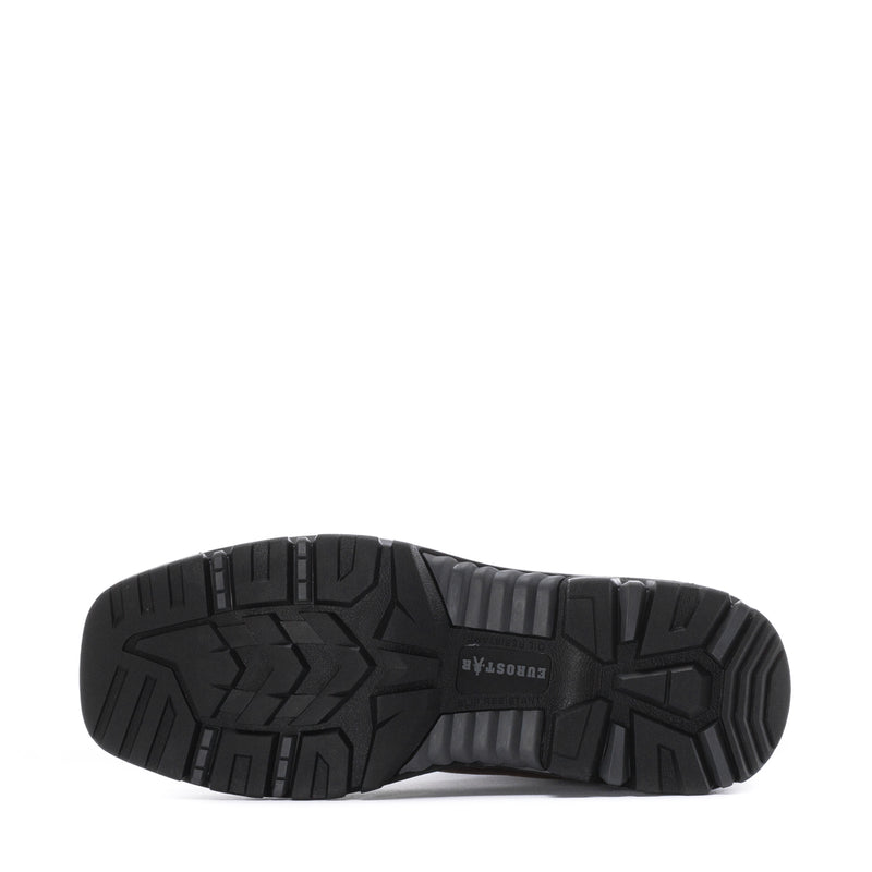 Black outsole tread of men's work boot with rugged traction pattern
