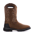 Men's brown cowboy boot with western embroidery, pull tab, and black rubber sole