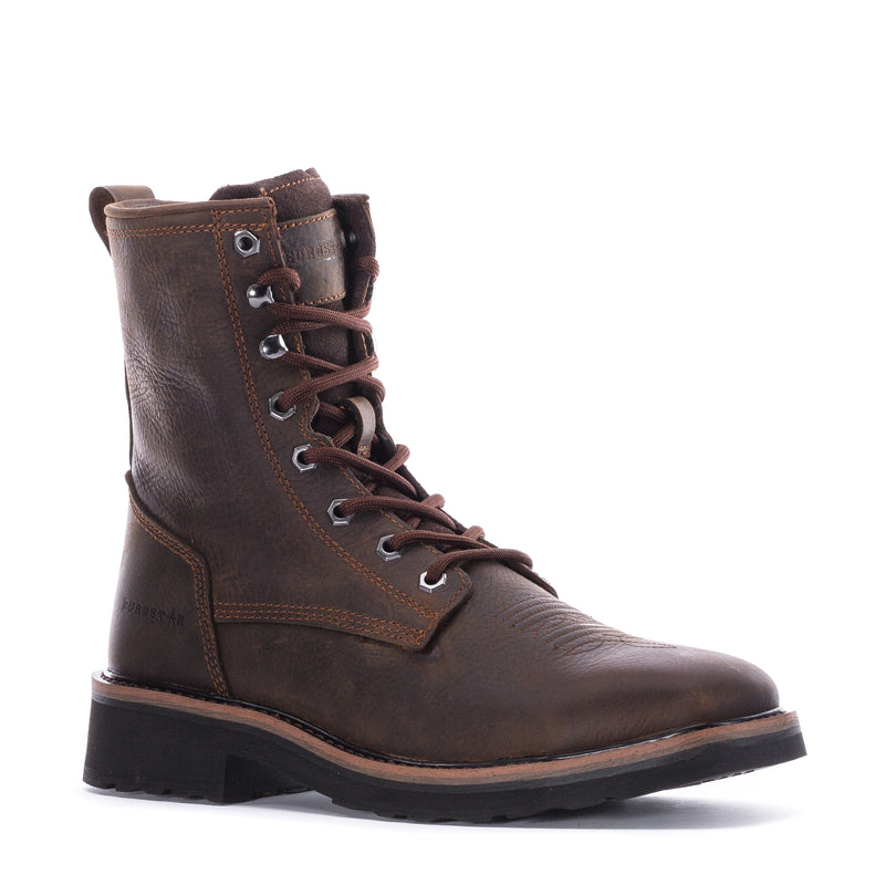 Men's Tuffy dark brown lace-up steel-toe work boot, side view, square toe
